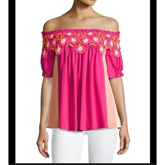 Peter Pilotto Size 10 US Pink Appliqued Lace Trim Paneled Off Top Blouse $805 - Picture 1 of 16